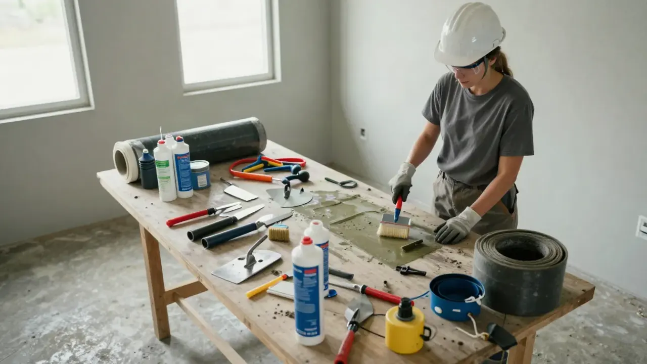Waterproofing in Warren: organized workbench in a basement, featuring a variety of waterproofing sealants, trowels, brushes