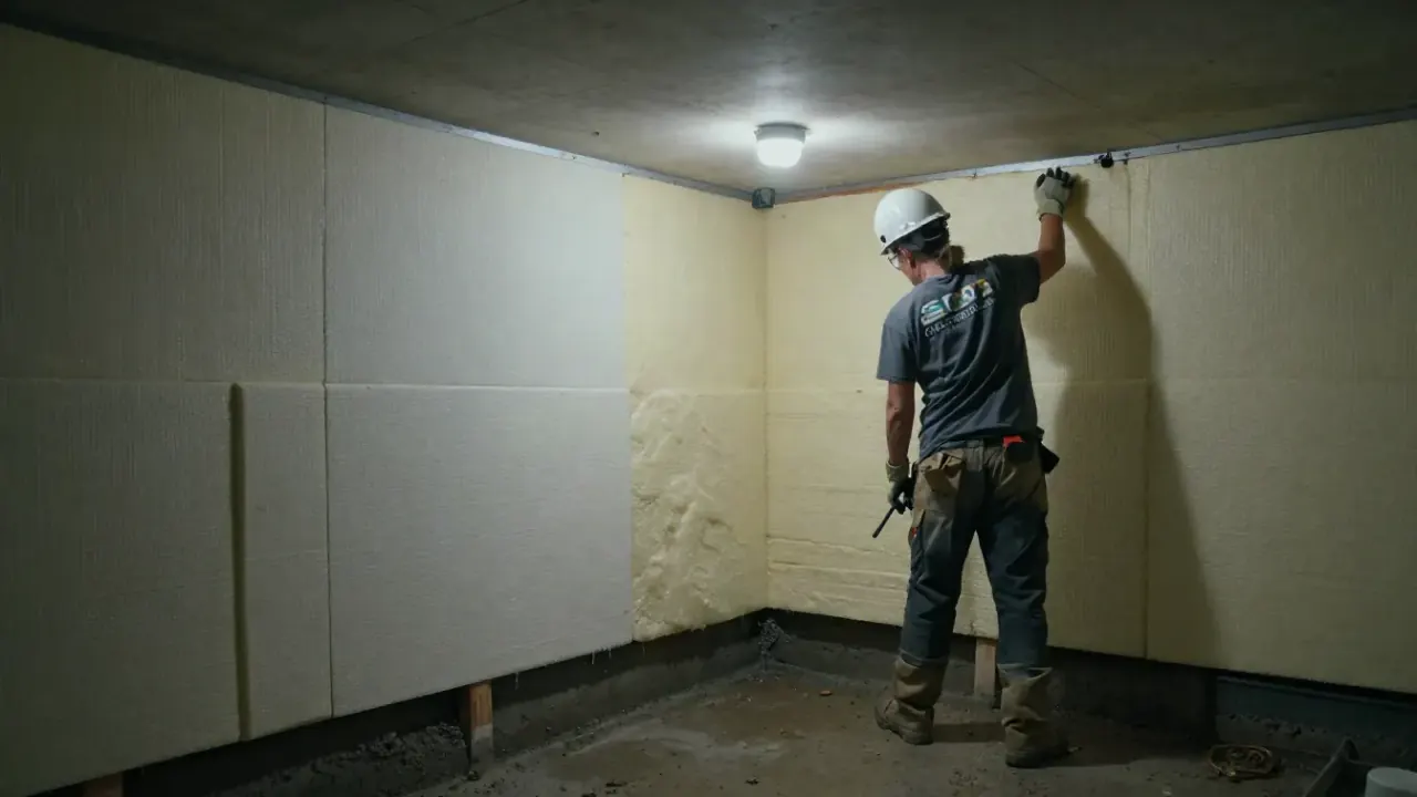 Crawl Space Encapsulation in Warren: technician is installing rigid foam insulation panels against the crawl space walls and