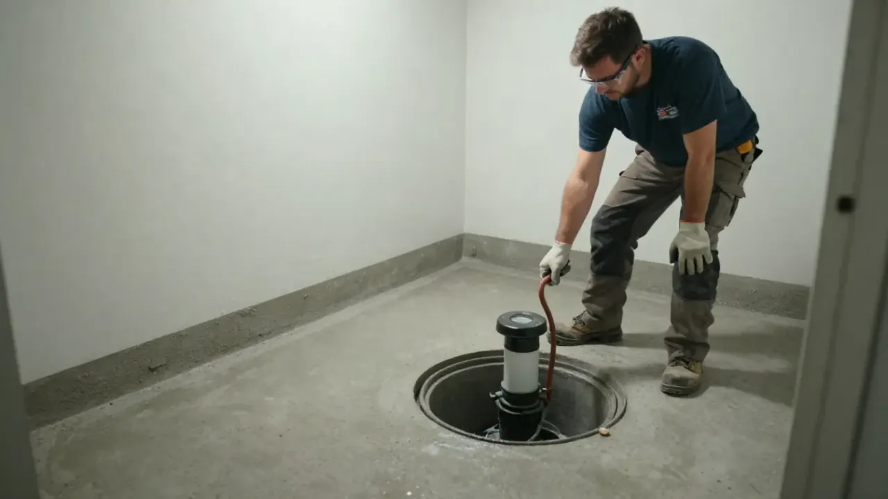 Waterproofing in Warren: clean, newly installed interior perimeter drain system with a fresh concrete patch, leading to a