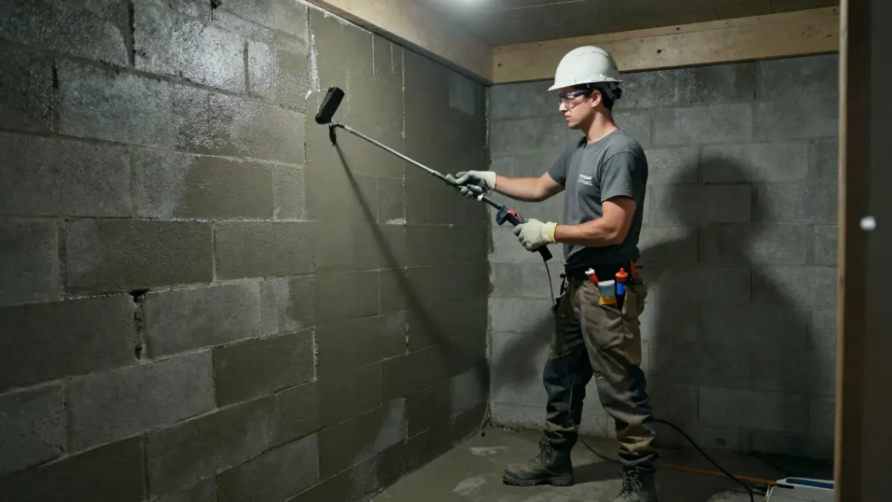 Crawl Space Waterproofing in Warren: technician is applying a waterproof sealant to the block walls of a crawl space using a
