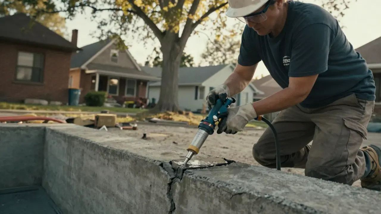 Waterproofing in Warren: Close-up of a technician's gloved hands injecting epoxy into a hairline crack in a poured concrete