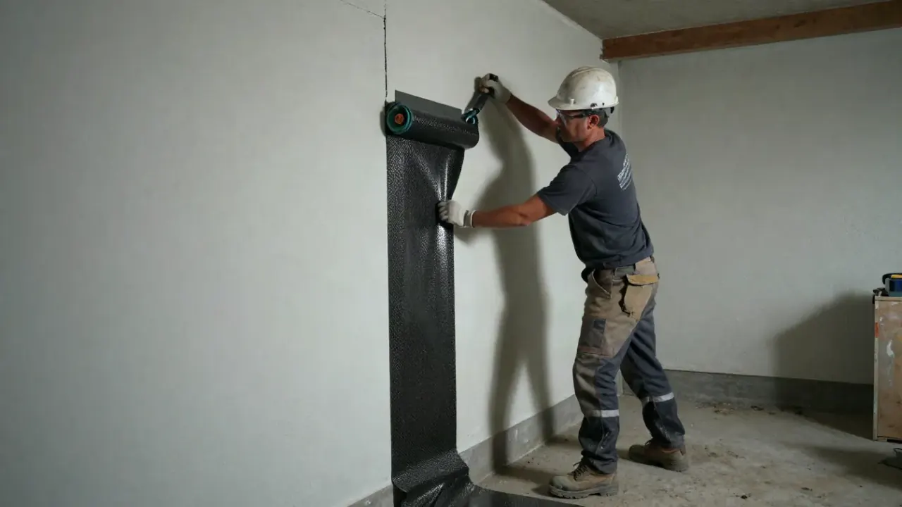 Basement Crack Repair in Warren: technician is pressing a carbon fiber strap over a repaired crack in a basement wall