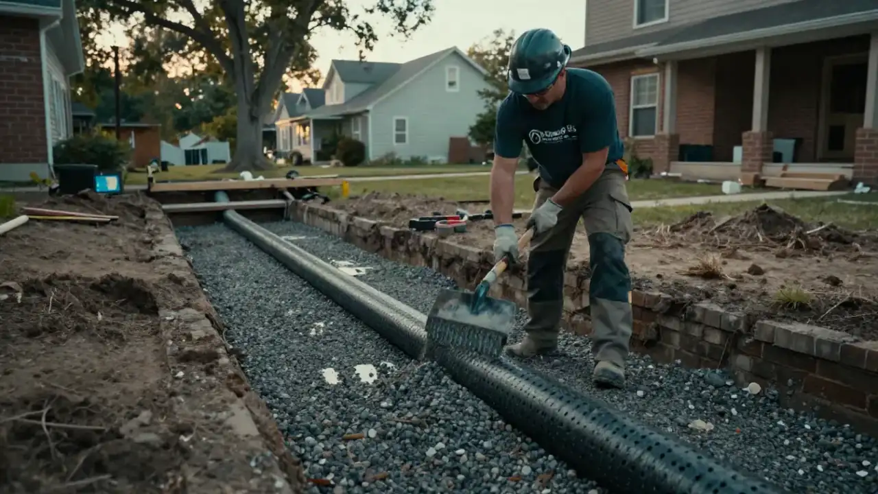 French Drain Installation in Warren: technician is shoveling gravel over the installed perforated pipe in a French drain