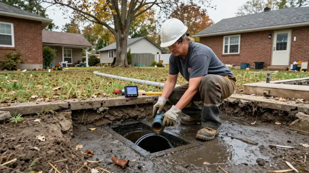Yard Drainage Solutions in Warren: technician is installing a catch basin in a low-lying area of a backyard, connecting it