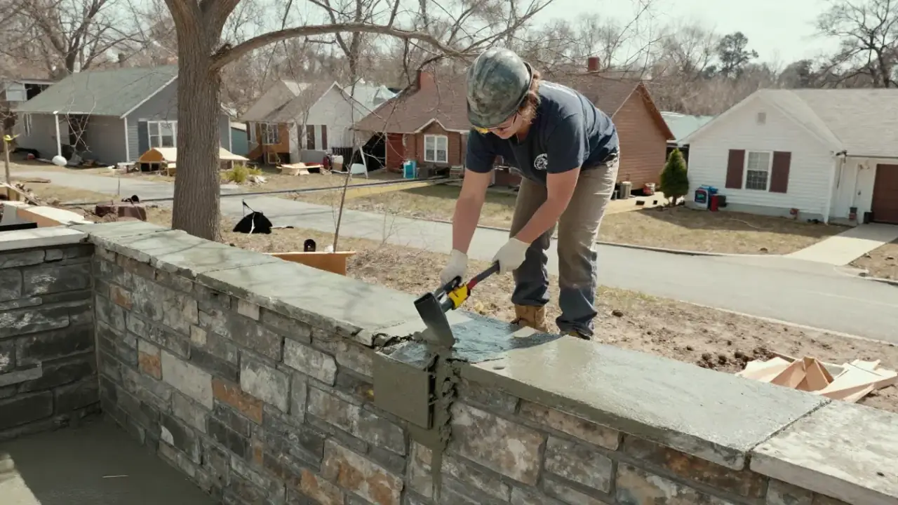 Foundation Crack Repair in Warren: technician is troweling on a parge coat over a series of minor cracks on a stone