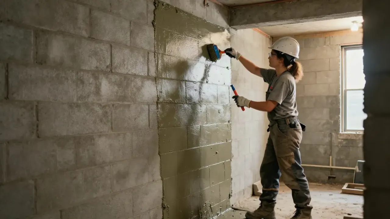 Basement wall Waterproof Coating in Warren: technician is applying a thick coat of hydraulic cement-based waterproofing
