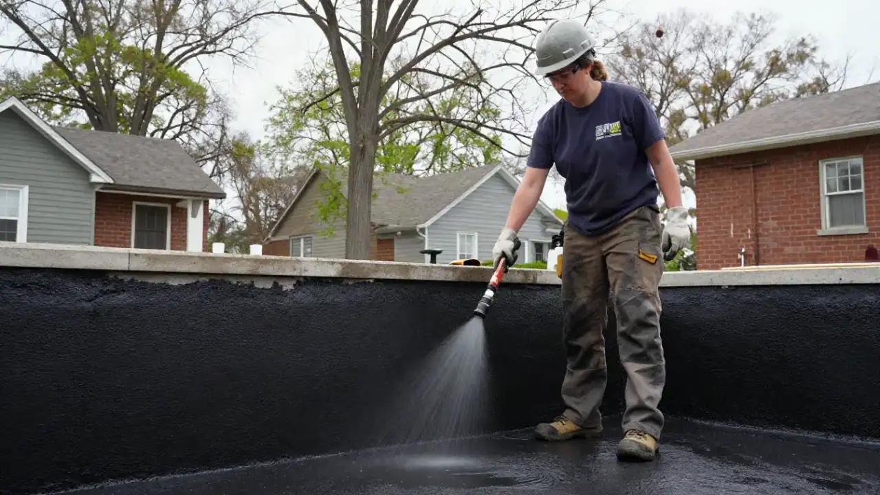 Exterior Basement Waterproofing in Warren: technician is spraying a liquid asphalt-modified polyurethane membrane onto a