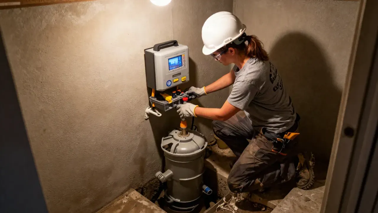 Battery Backup Sump Pump Installation in Warren: technician is mounting a battery backup sump pump control unit on a