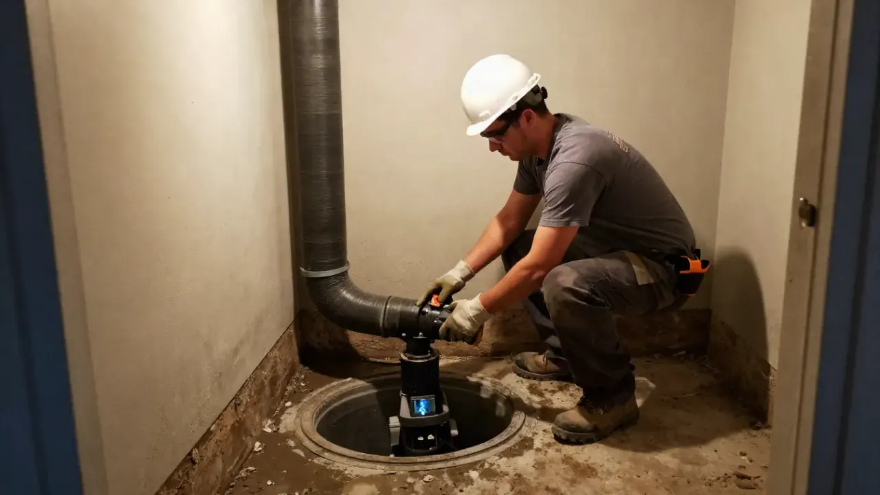 Interior Basement Drainage Systems in Warren: technician is connecting a section of interior drain tile to a sump pump basin