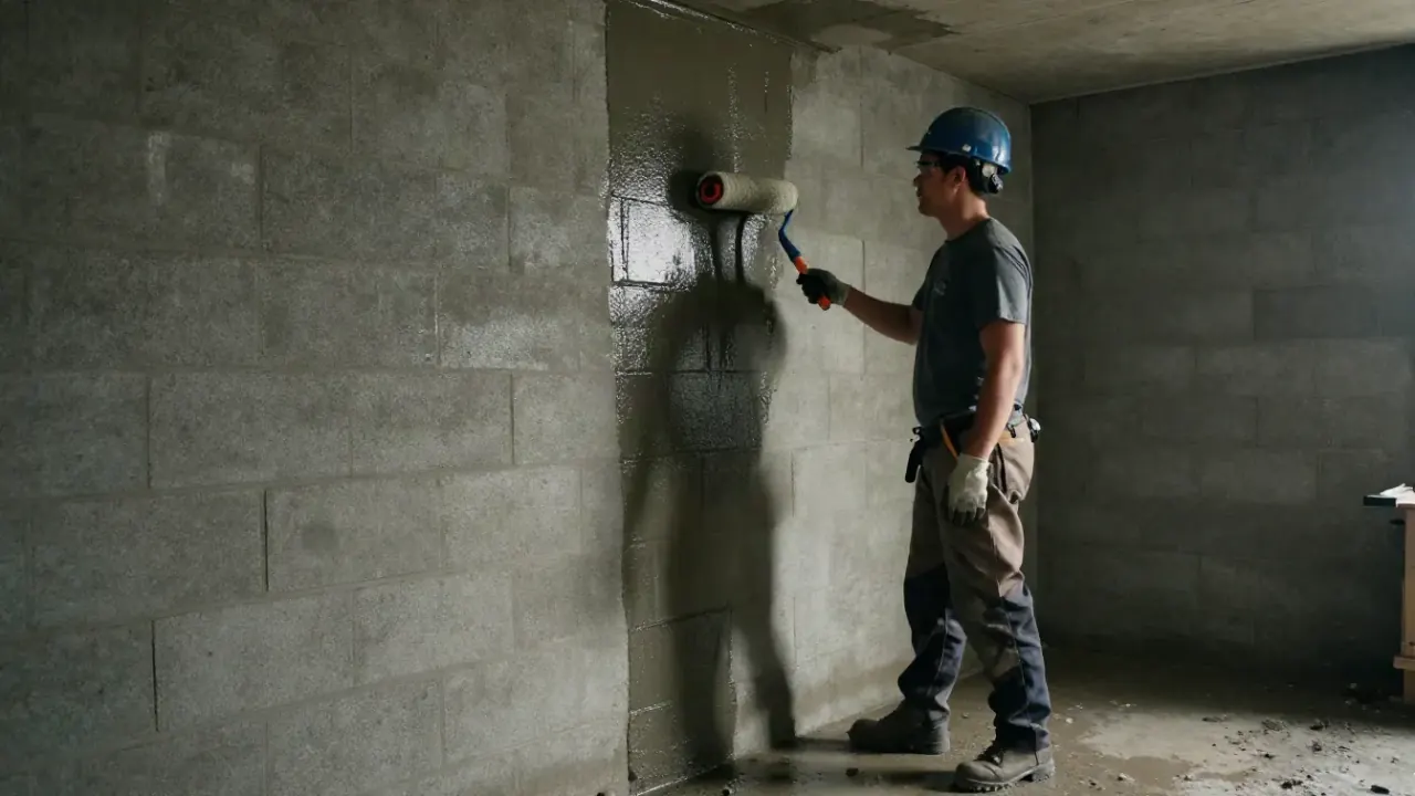Basement Wall Leak Repair in Warren: technician is applying a waterproof coating with a roller to a damp section of a