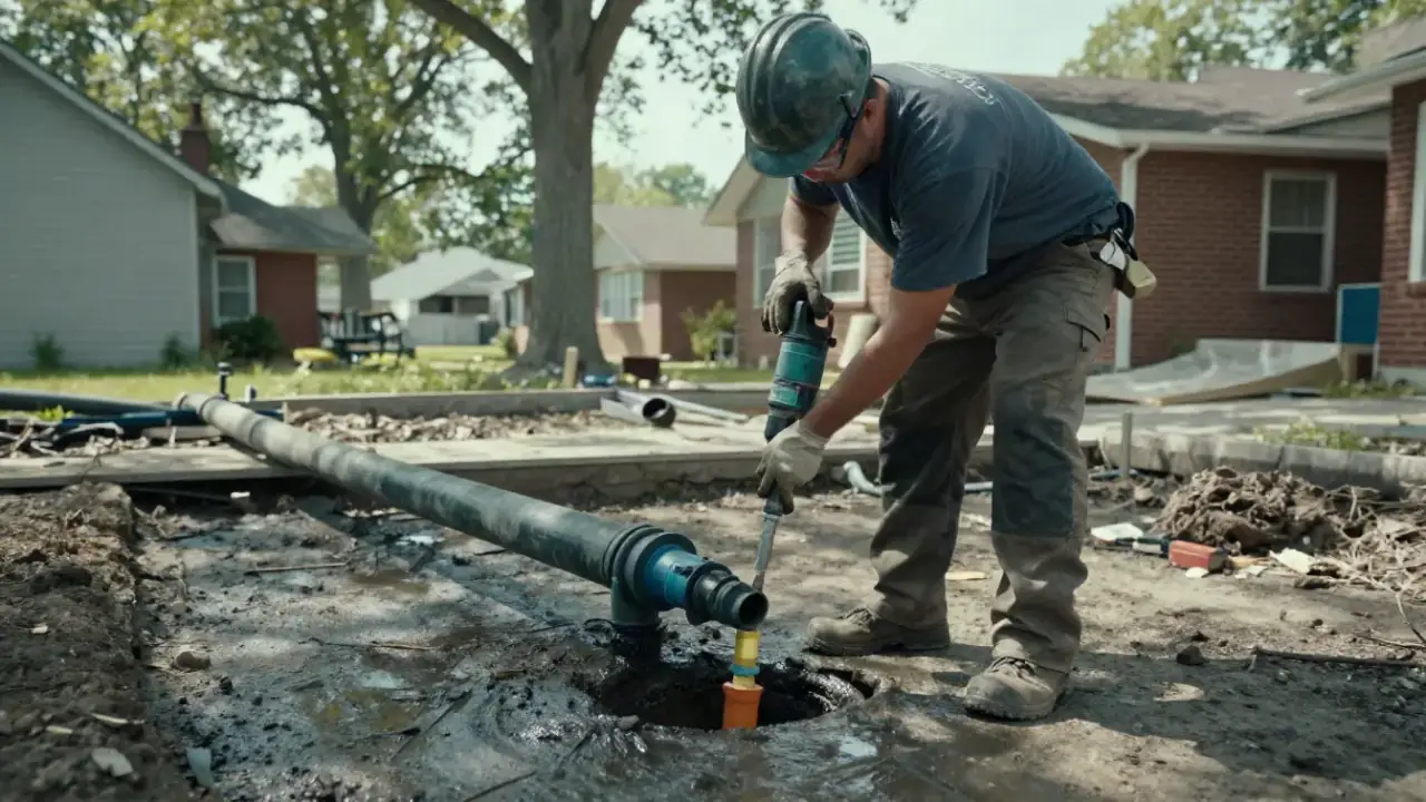 Sump Pump Installation in Warren: technician is drilling a small hole in the sump pump discharge pipe for an air relief