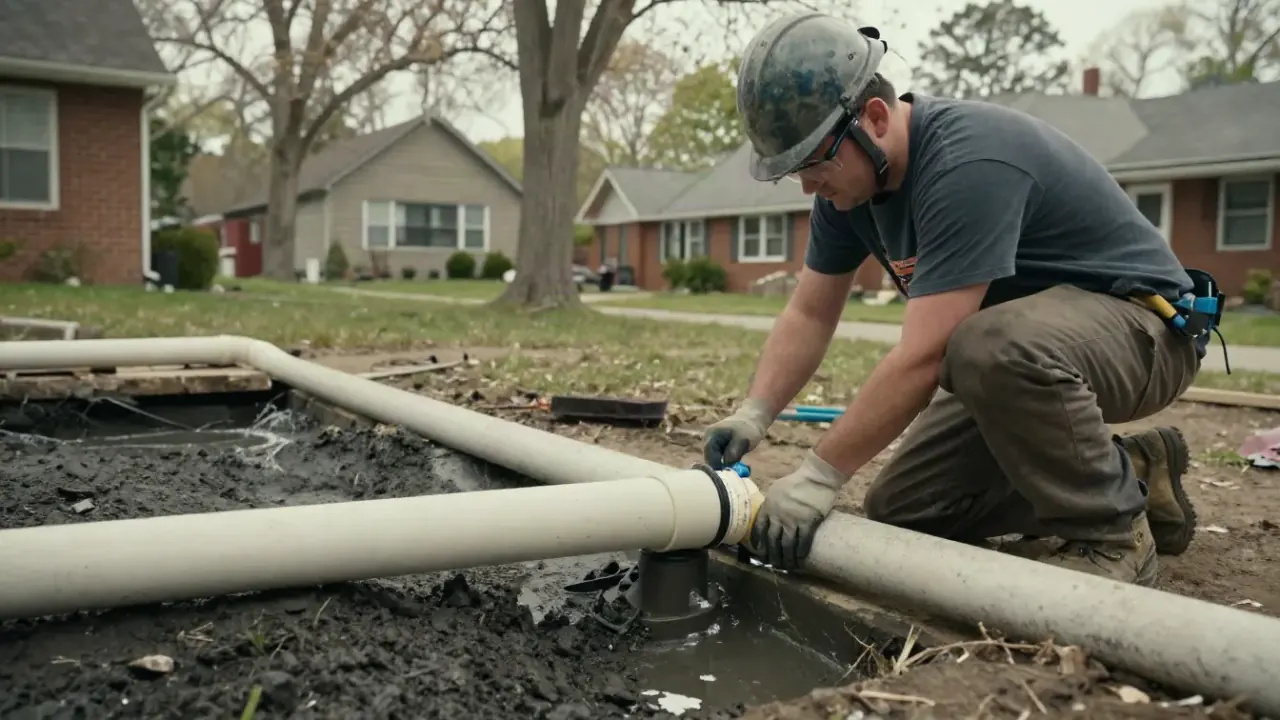 Foundation Drainage System Installation in Warren: technician is connecting sections of rigid PVC pipe for an exterior