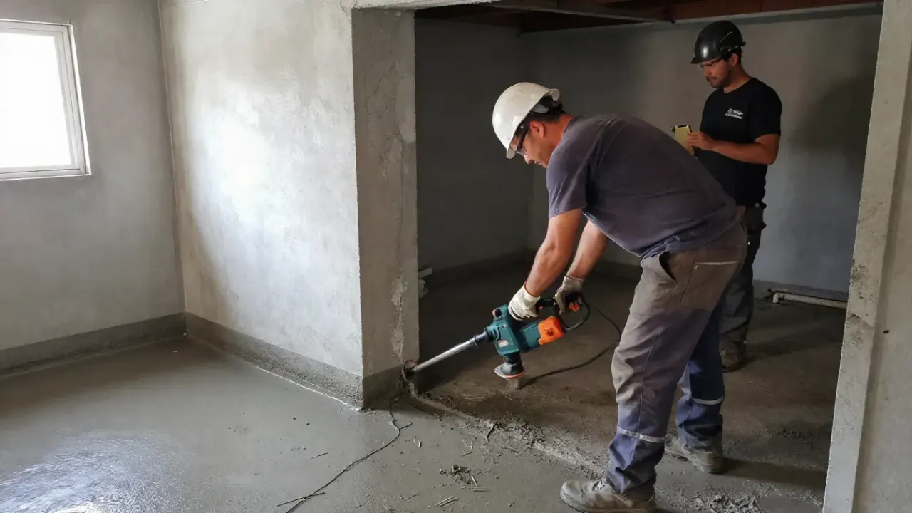 Waterproofing in Warren: Two waterproofing technicians working together, one operating a jackhammer to remove a concrete
