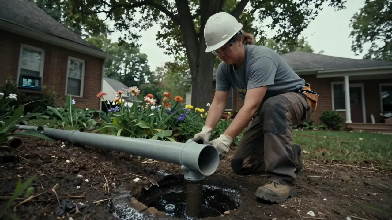 Downspout Drainage Installation in Warren: technician is connecting a downspout extension to an underground PVC drainage