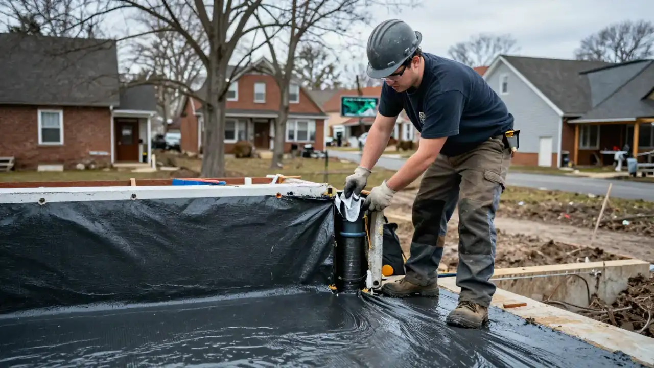 Foundation Waterproofing Membrane Installation in Warren: technician is meticulously trimming excess waterproofing membrane