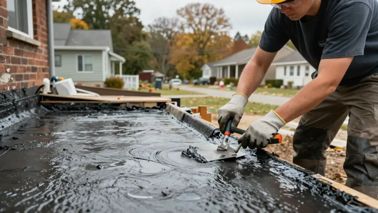 Waterproofing in Warren: Close-up of a technician's hands applying a thick, rubberized waterproofing membrane with a trowel